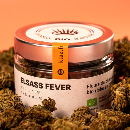 Photographie du pot de fleurs de CBD biologique séchées de la marque KTAZ, Elsass Fever. Contenance : 10g